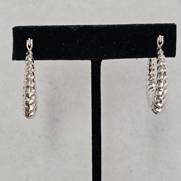 Vintage Chunky Ribbed Silver Oval Shrimp Hoop Earrings 925 - Picture 4 of 9